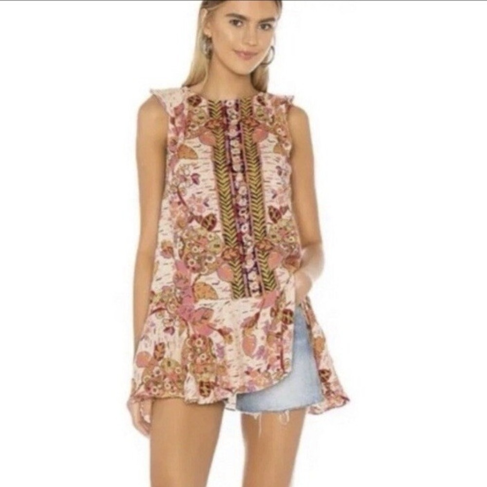 Free People‎ Sleeveless Womens S Tunic Pink Floral Boho Ruffle Tie Back OB966701